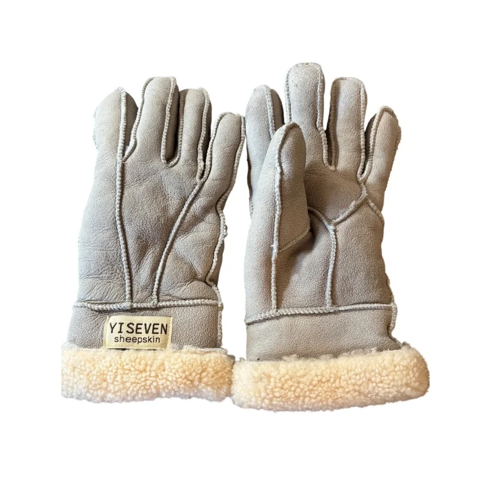 YISEVEN Sheepskin Gloves Womens Gray Genuine Leather Shearling Lined Winter Warm